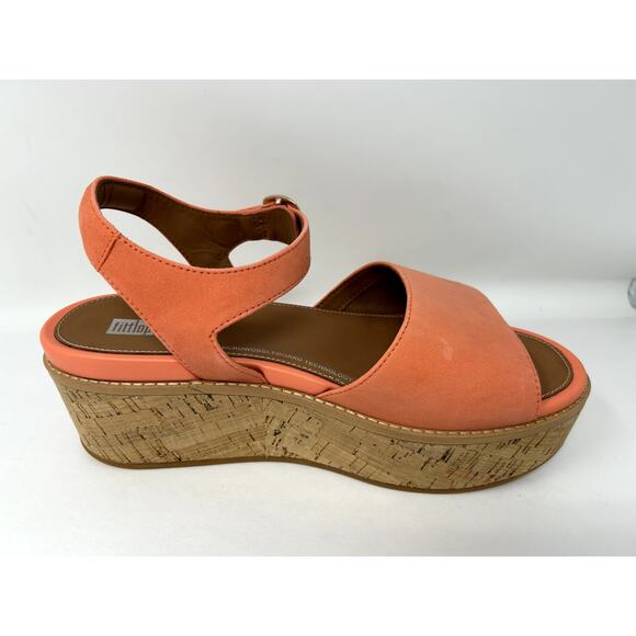 FitFlop Eloise Suede Wedge Sandals Coral Size US 10 Cork Wrap Back Strap Comfort - Picture 3 of 7